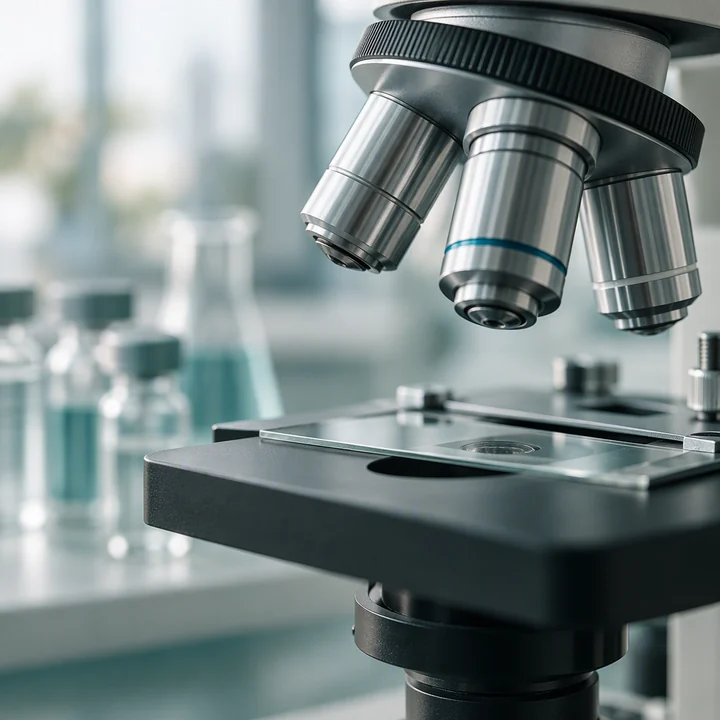 Illustrative microscope and laboratory glassware