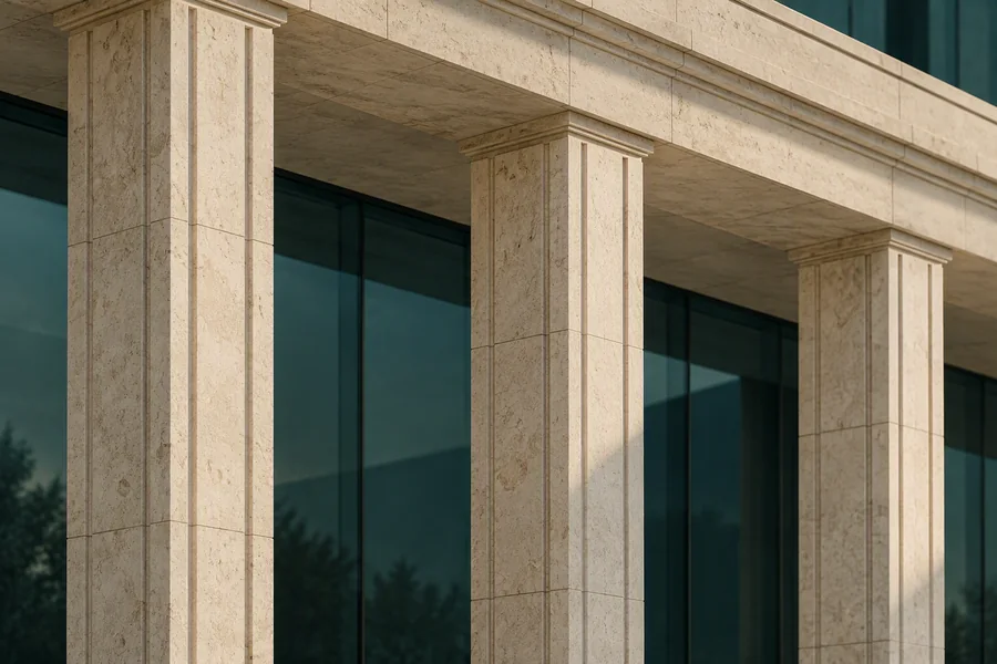 Illustrative stone columns supporting a shared architectural structure