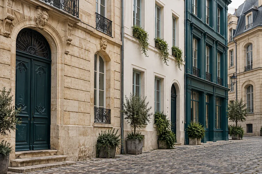 Illustrative European streetscape with contrasting architectural styles