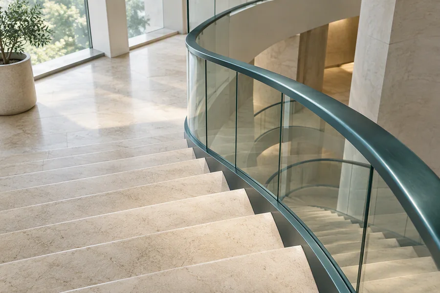 Illustrative stone staircase with a curved teal handrail